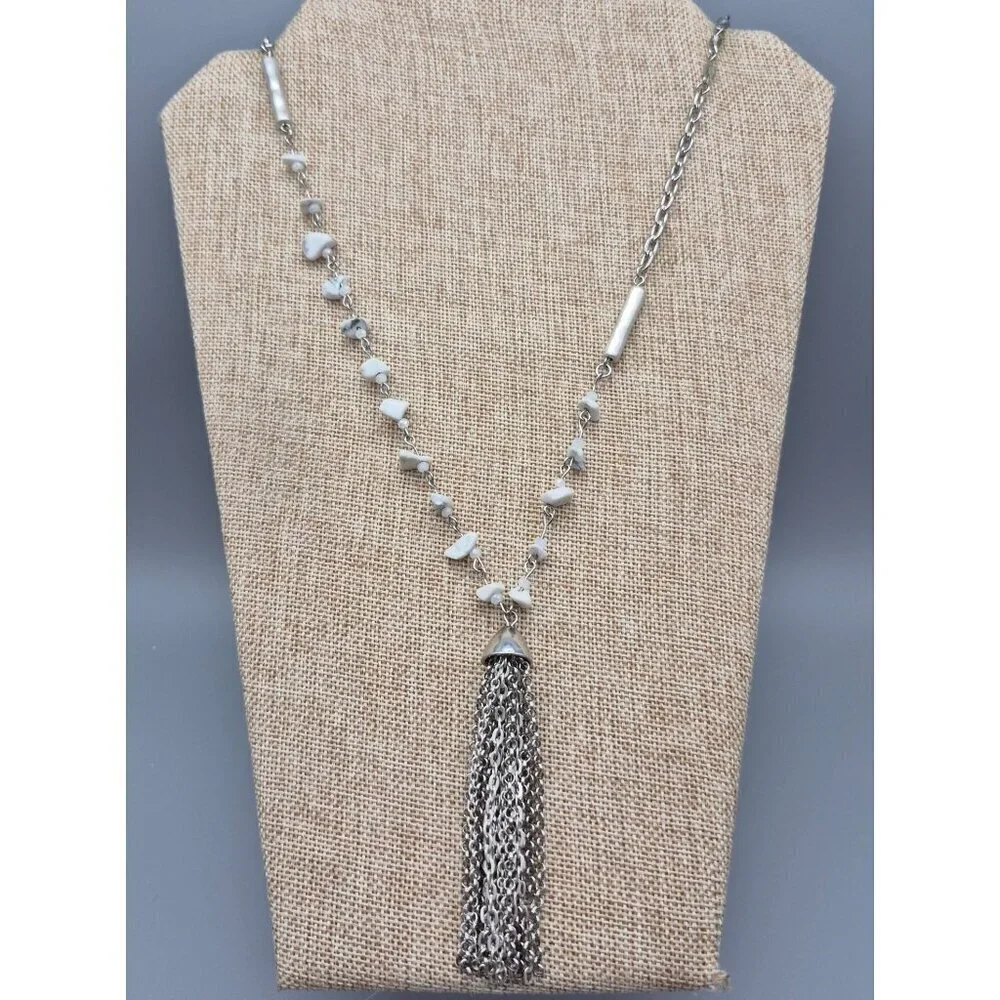 Simply Vera Wang Sliver Tone Glass Bead Natural Stone Tassel Pendant Necklace